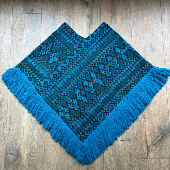 Vintage Guatemalan PONCHO Blue Black Orange Brocade Cotton Blend Hand Loomed - Picture 14 of 14